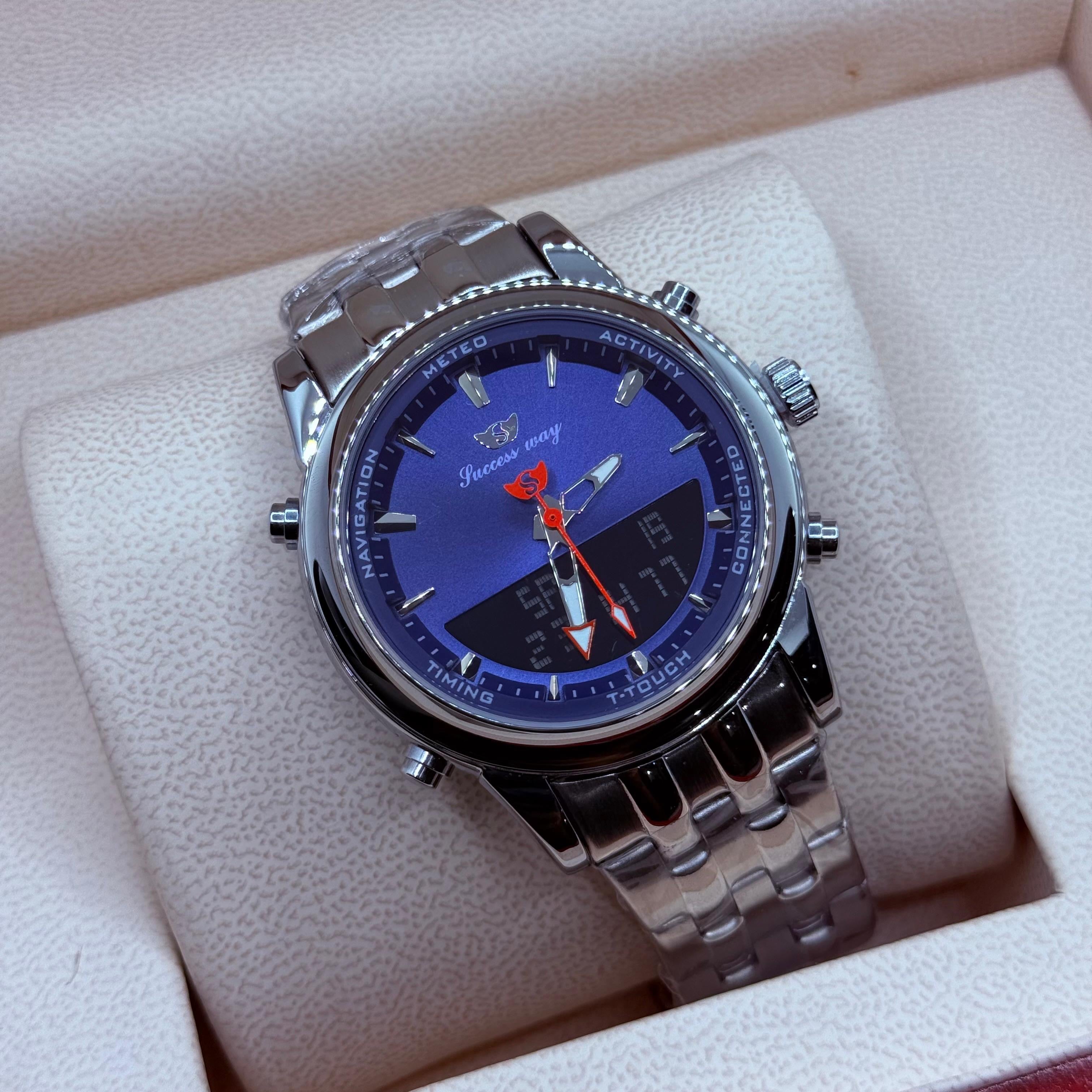 Dual time watch silver with blue dial