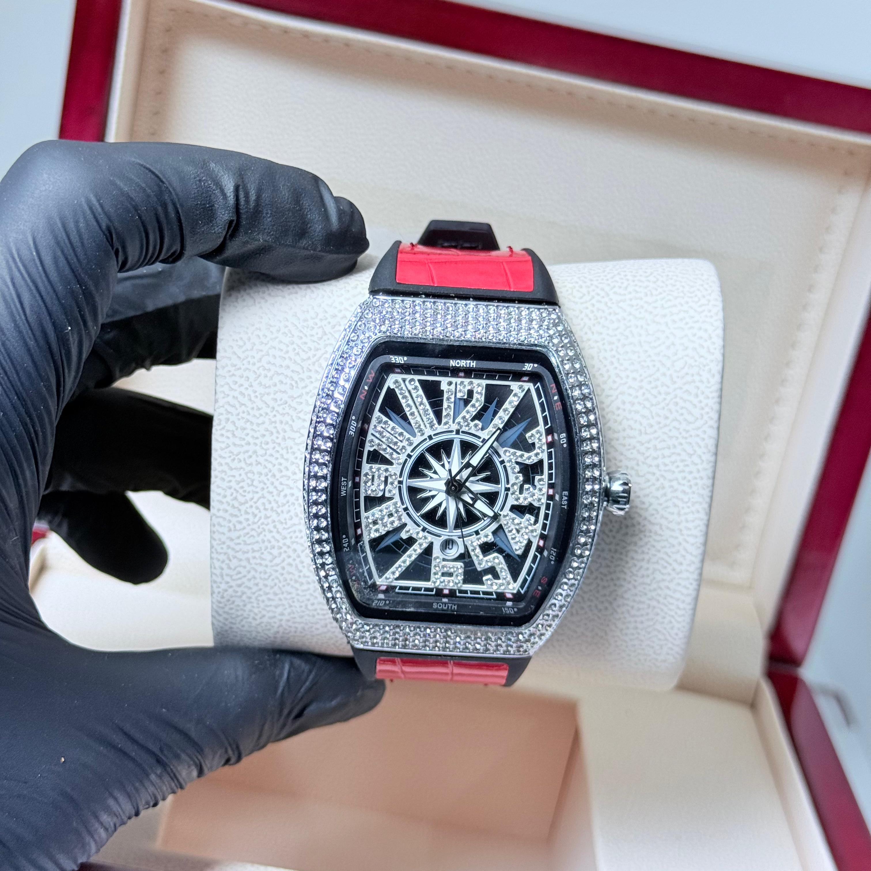 FM Red strap with white diamond watch